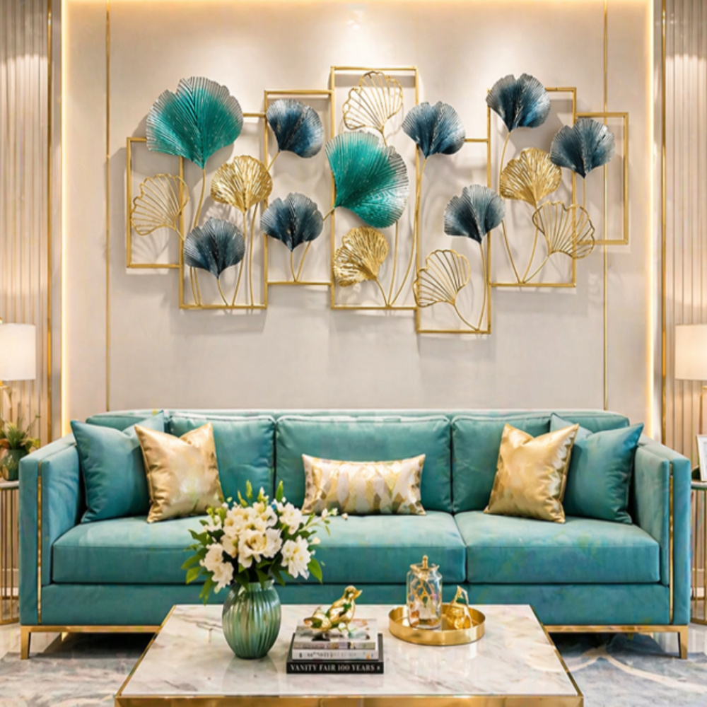 Luxury Ginkgo Leaf Metal Wall Art Frame – Modern Gold & Teal Wall Décor