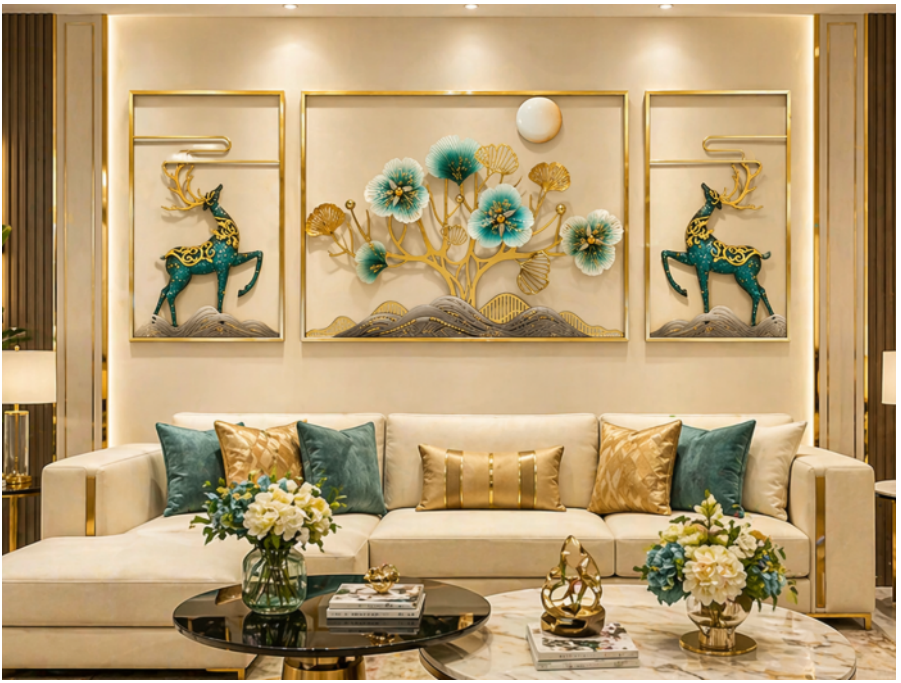 Royal Deer & Floral Harmony 3-Panel Metal Wall Art Set