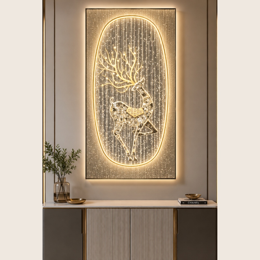 Modern Crystal Deer Wall Art with Minimal Luxury Living Room Setup – Premium LED Frame Decor