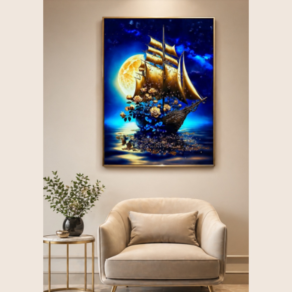 Golden Bloom Crystal Art Wall Painting – Luxury Floral Modern Wall Decor for Living Room & Bedroom