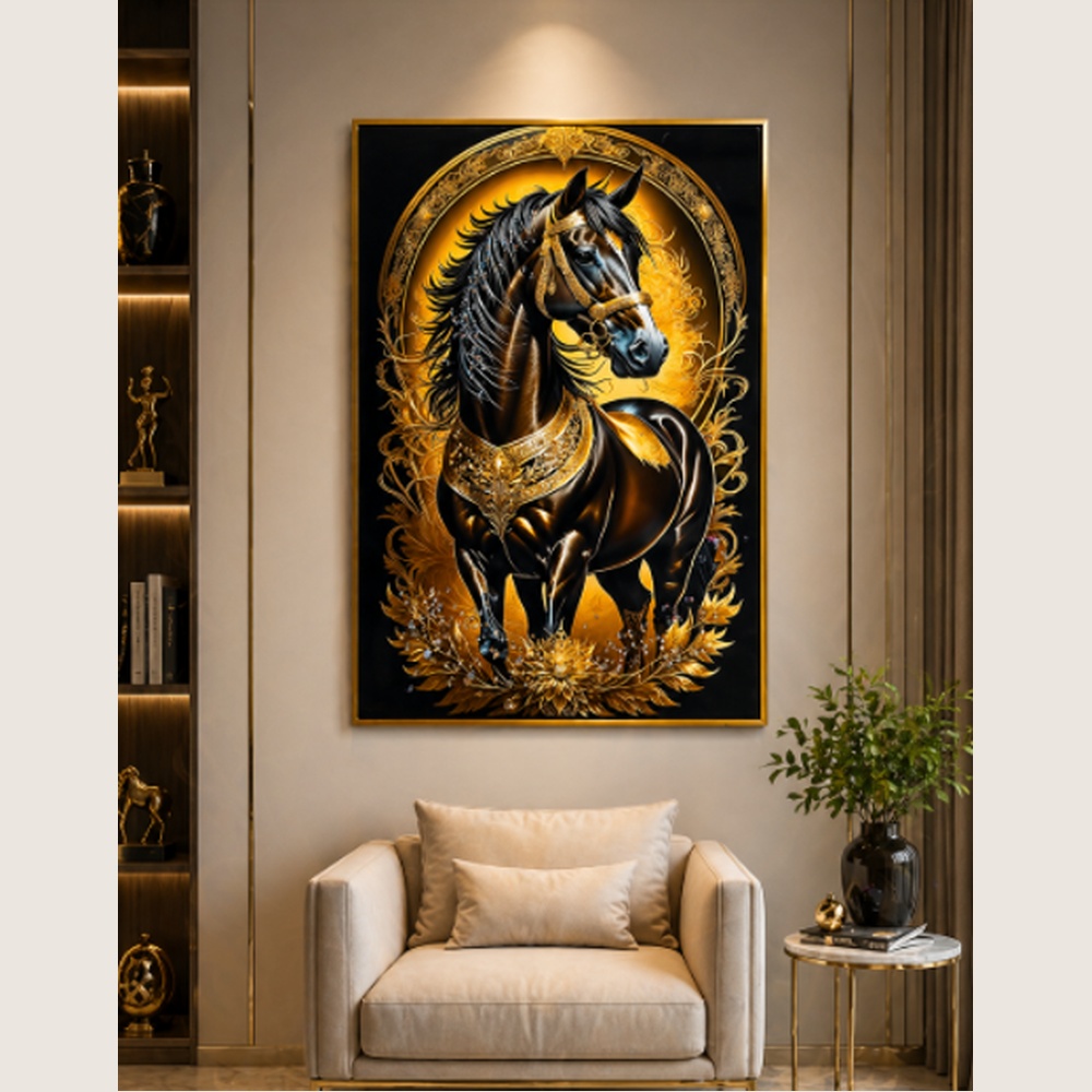Royal Black Horse Crystal Art Wall Painting – Luxury Golden Modern Wall Decor for Living Room & Office