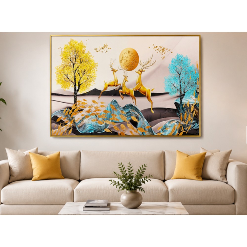Luxury Golden Serenity Deer Landscape Crystal Painting