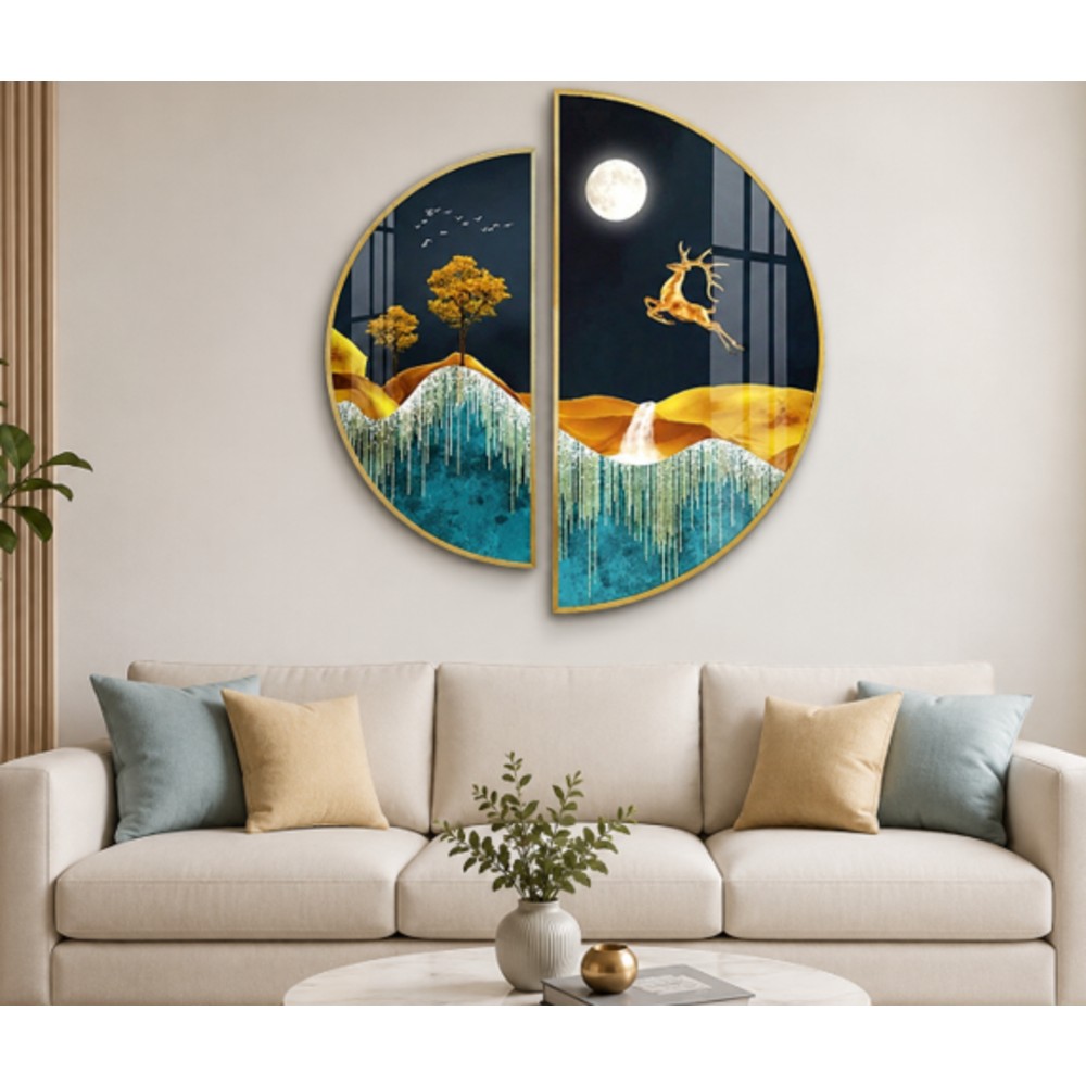 Golden Moon Deer Landscape Wall Art (Set of 2) – Luxury Modern Crystal Painting