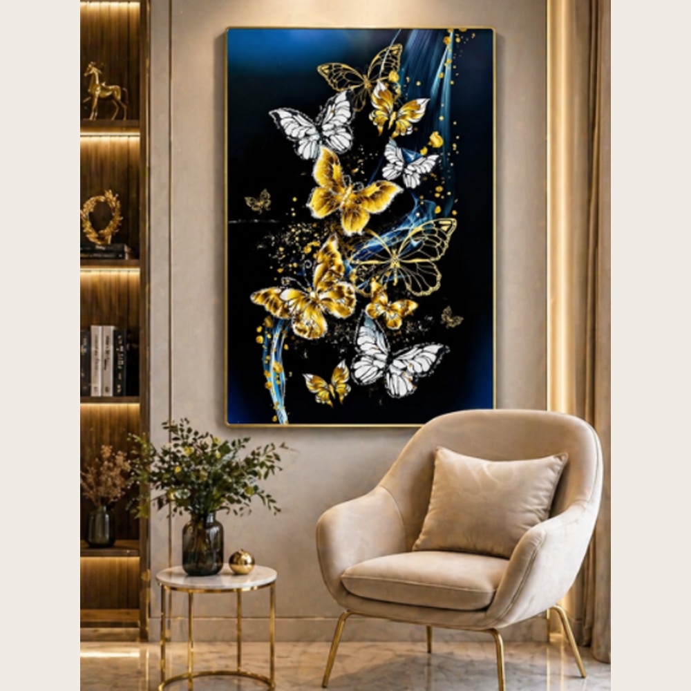 Golden & White Butterfly Crystal Painting – Luxury Modern Decorative Wall Decor for Living Room & Bedroom