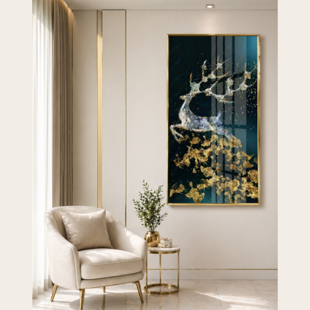 Golden Crystal Deer Elegance Crystal Painting – Modern Luxury Framed Artwork