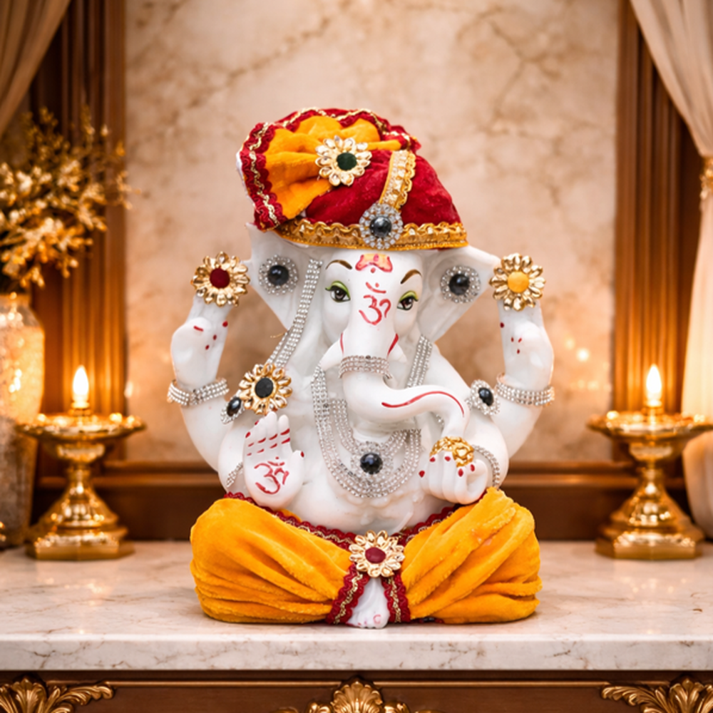 Premium Pagdi Ganesha White Marble Look | Decorative Ganesha Statue Murti