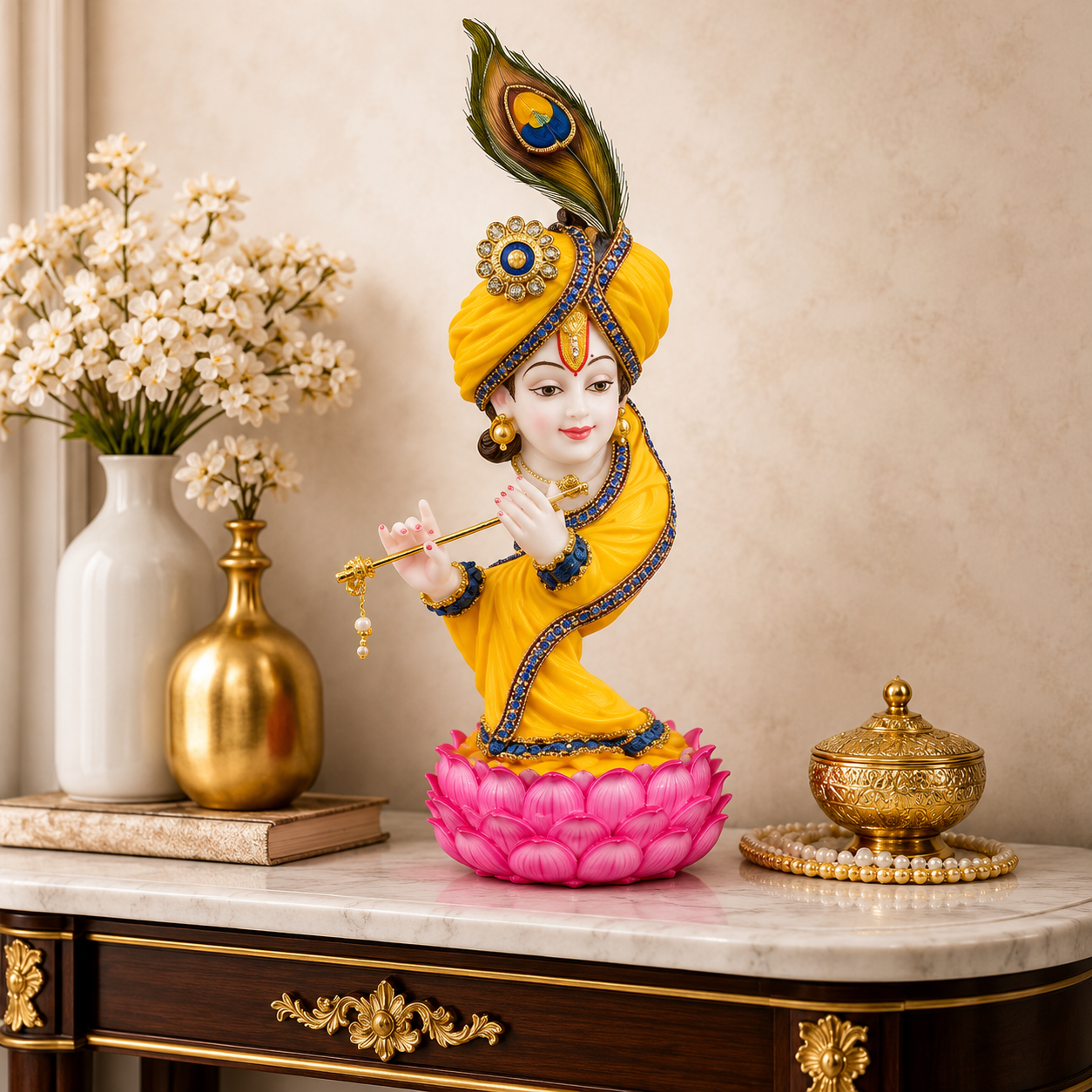 Premium Lord Krishna playing the flute and wearing a peacock feather turban