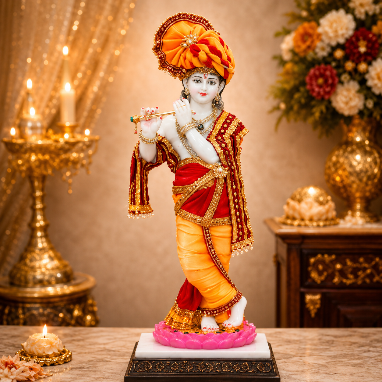 Lord Krishna Idol with Flute in Lotus | Resin Kanha Ji ki Murti | Sri Krishna Idols for Gift