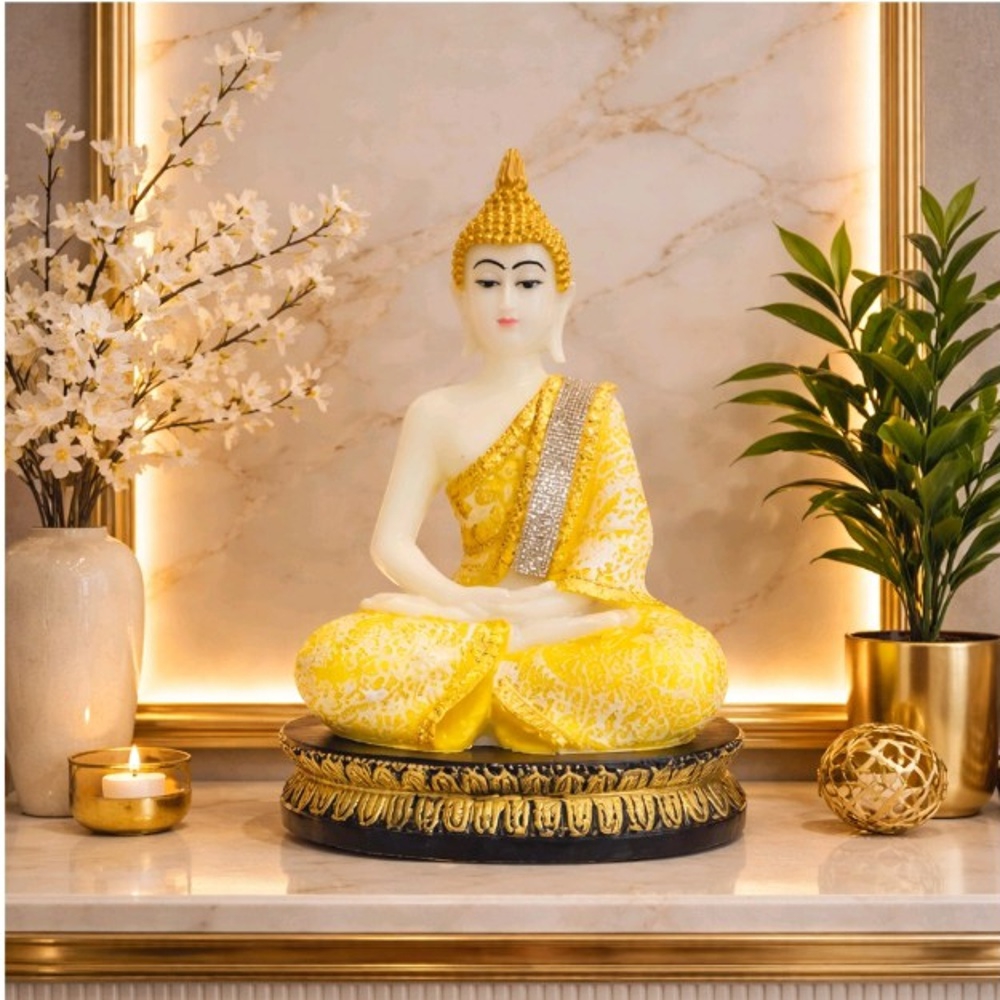 Luxury Yellow Meditating Buddha Idol | Premium Peace & Prosperity Décor | Elegant White & Golden Buddha Statue | Golden Aura Buddha Showpiece - Premium Console Table Decor & Gift Item