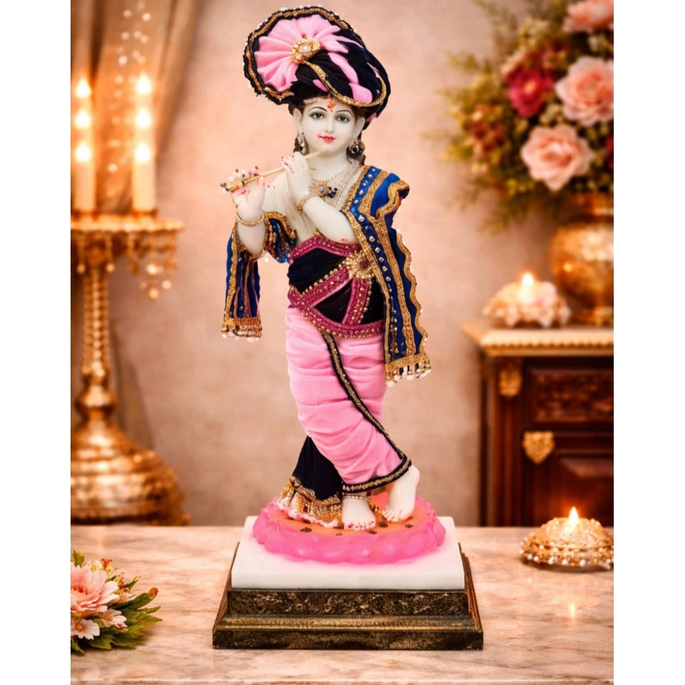 Premium Lord Krishna Idol with Flute in Lotus | Resin Kanha Ji ki Murti | Sri Krishna Idols for Gift