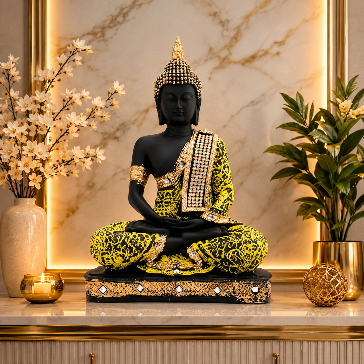Premium Meditating Lord Gautam Buddha Statue with Yellow & Gold Robe – Premium Console Décor | Peaceful Buddha Decor Statue – Elegant Gift for Home