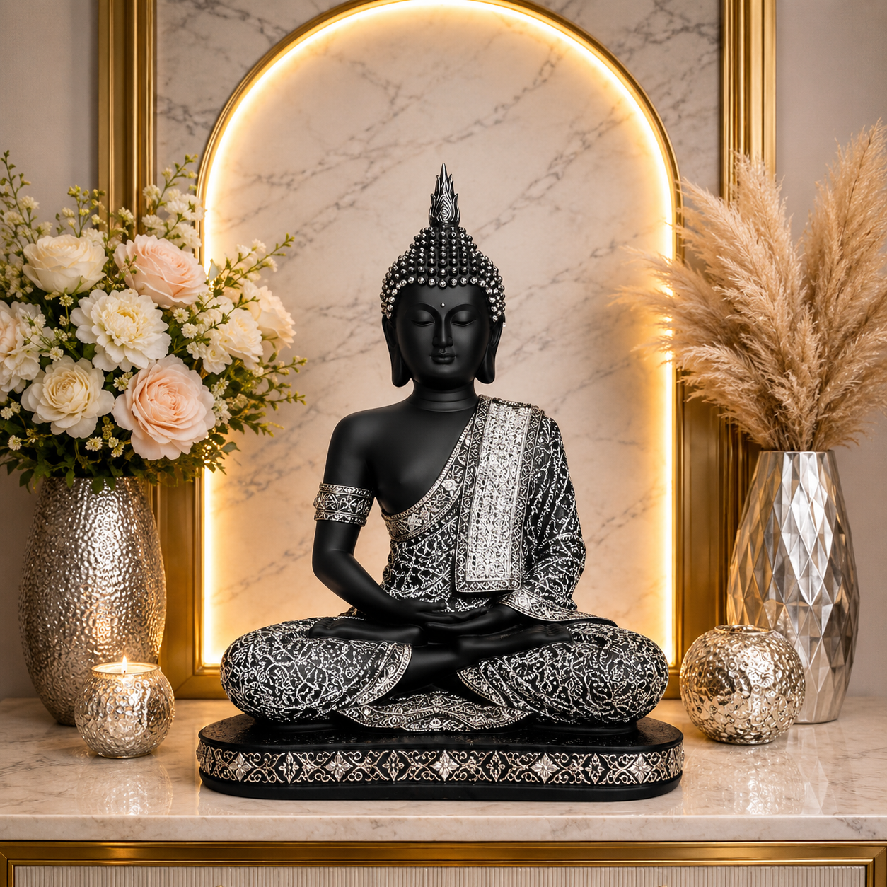 Luxury Meditating Buddha Idol | Black & Silver Elegant Home Decor Showpiece | Elegant Black Buddha Sculpture – Luxury Console Decor & Spiritual Showpiece
