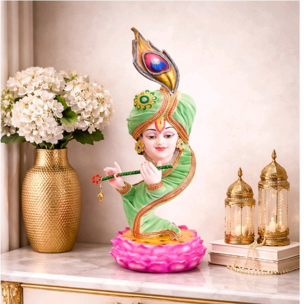 Modern Art Lord Krishna playing the flute and wearing a peacock feather turban (23 inch)