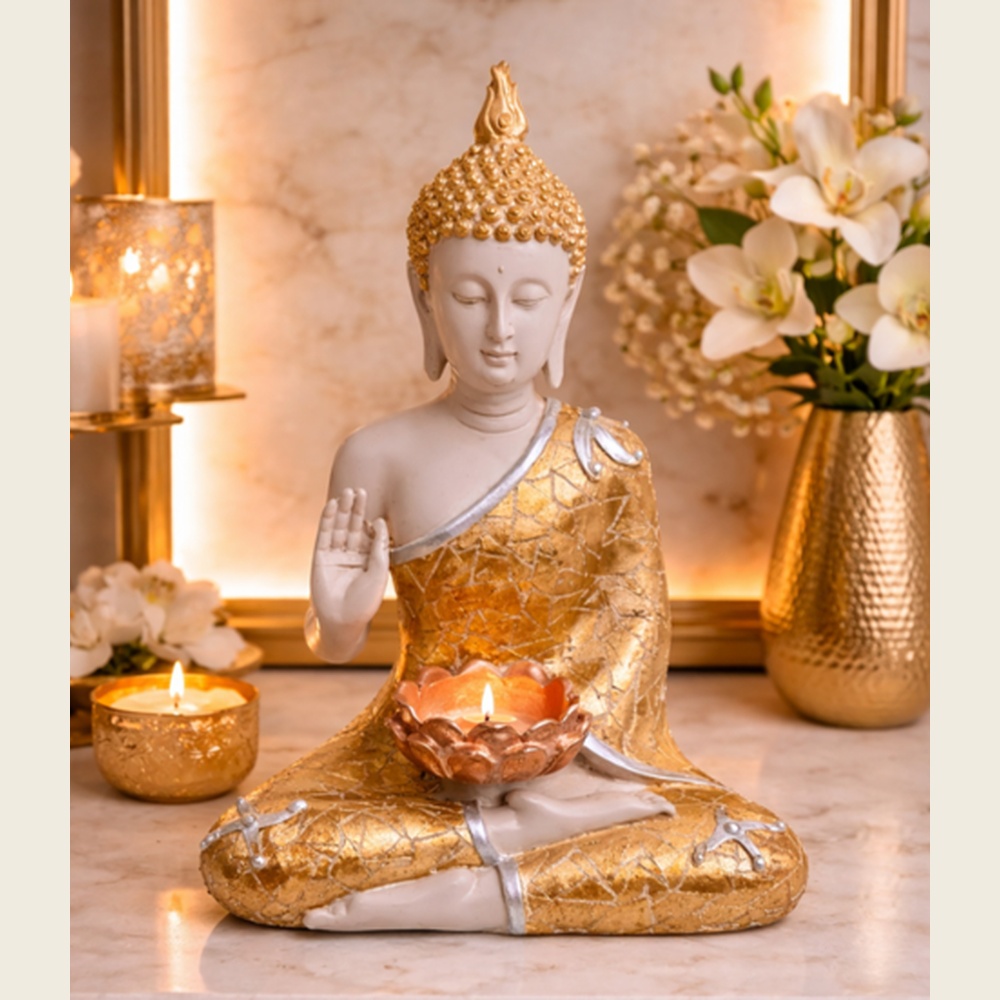 Premium Meditating Buddha Candle Holder | Spiritual Decor with Golden Finish | Peaceful & Premium Home Decor Accent | Luxury Console Décor