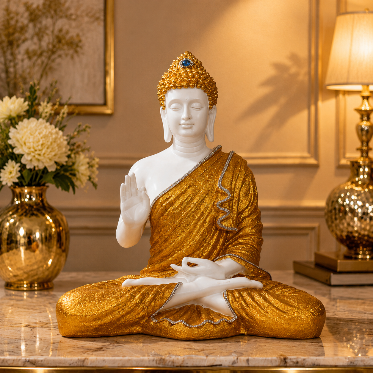 Luxury Meditative Buddha Sculpture (15 INCH) Modern Zen Home Styling | Luxury Living Room Centerpiece | Golden Peace Buddha Sculpture
