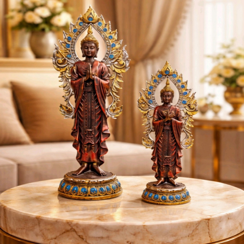 Luxury Handcrafted Buddha Statue Set | Elegant Spiritual Tabletop Décor | Royal Finish Buddha Statue Pair – Elegant Living Room Centerpiece