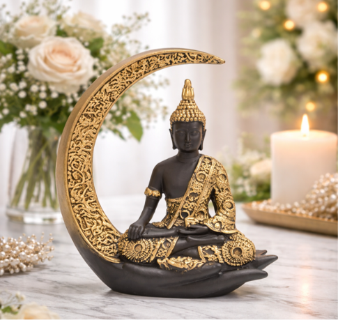 Antique Meditating Moon Buddha Showpiece (8 INCH)  | Lord Buddha Statue for Home Decor Living Room Office | Buddha Showpiece
