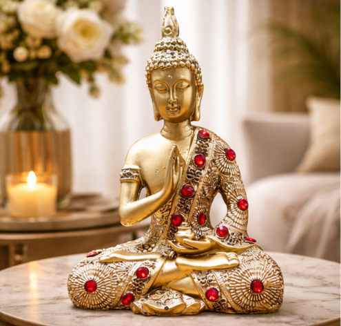 Premium Meditating Buddha Statue – Luxury Tabletop | Handcrafted Golden Buddha Figurine with Gemstones – Serene Decor Piece | Golden Buddha Showpiece with Ruby Accents