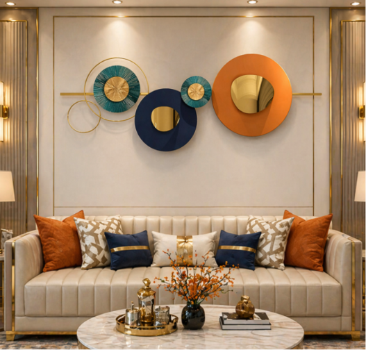 Luxury Geometric Metal Wall Art with Mirrors – Modern Abstract Circle Wall Décor in Blue, Orange & Gold
