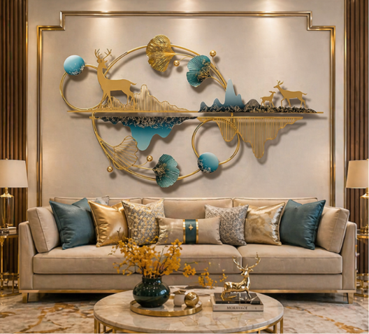 Luxury Deer Landscape Metal Wall Art – 3D Gold & Teal Abstract Wall Décor for Living Room & Premium Interiors