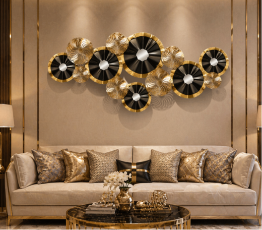 Luxury Black & Gold Abstract Metal Wall Art – 3D Modern Disc Wall Décor for Living Room & Premium Interiors