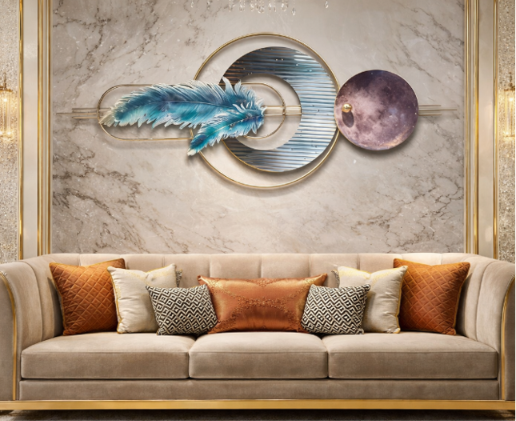 Premium Abstract Feather & Orbit Metal Wall Art