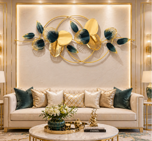 Premium Blue & Gold Abstract Botanical Metal Wall Art for Living Room & Modern Interiors