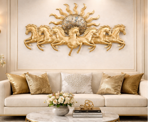 Golden Sun Running Horses Premium Metal Wall Art