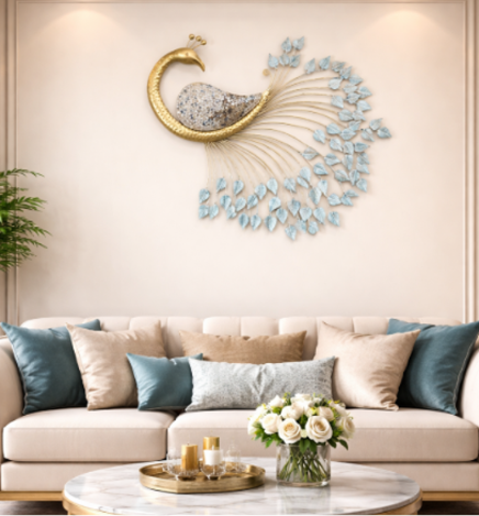 Luxury Gold & Sky Blue Peacock Metal Wall Art – Modern 3D Elegant Wall Décor