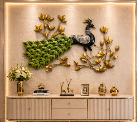 Luxury Green & Gold Peacock Metal Wall Art – 3D Floral Nature Wall Décor for Living Room