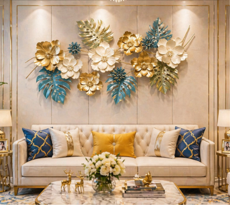 Luxury Blue, Gold & Ivory Floral Metal Wall Art – Modern 3D Leaf & Flower Wall Décor
