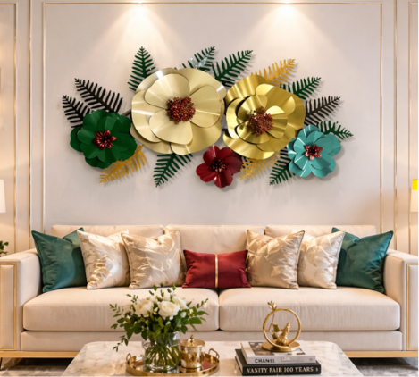 Luxury Multicolor Floral Metal Wall Art – Modern 3D Flower Wall Décor with Gold & Green Accents
