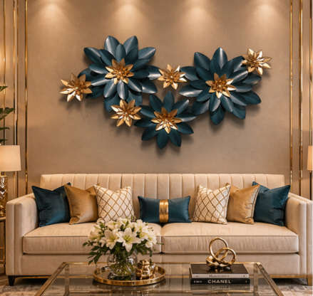 Luxury Teal & Gold Floral Metal Wall Art – Modern 3D Flower Wall Décor for Living Room