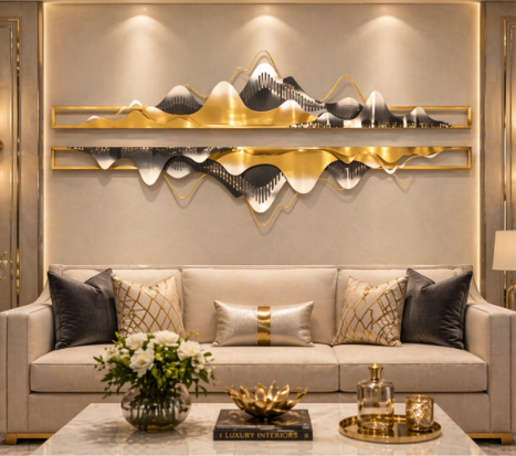 Luxury Abstract Wave Metal Wall Art – Modern 3D Gold & Grey Wall Décor for Living Room