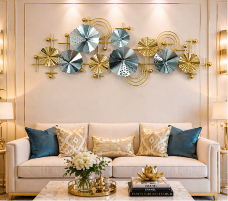 Luxury Abstract Metal Wall Art – Gold & Teal Geometric 3D Wall Décor