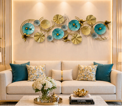 Luxury Teal & Gold Metal Wall Art – Modern Abstract 3D Wall Décor for Living Room