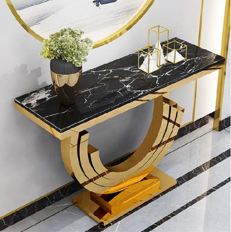 Luxury Black Marble Top Crescent Console Table with Gold Base | Luxury Entryway & Living Room Accent Furniture