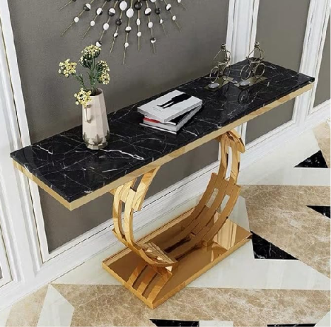 Luxury Black Marble Top Crescent Console Table with Gold Base | Luxury Entryway & Living Room Accent Furniture