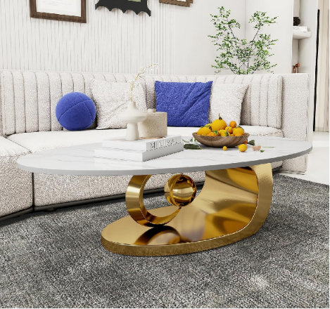 Luxury Marble Top Center Table with Stainless Steel PVD Sculptural Base – Luxury Coffee Table for Living Room