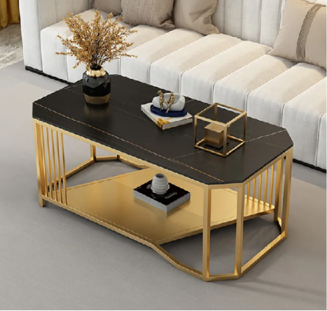 Rectangular Marble Center Table with Stainless Steel PVD Frame & Storage Shelf – Modern Luxury Coffee Table