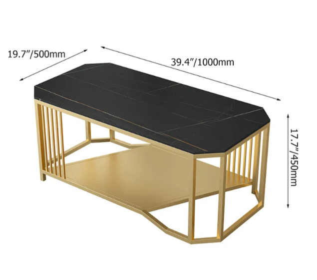 Rectangular Marble Center Table with Stainless Steel PVD Frame & Storage Shelf – Modern Luxury Coffee Table