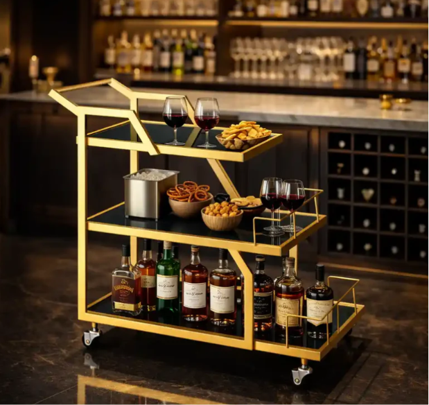 Luxury Geometric Gold Bar Cart – Triple-Tier Trolley