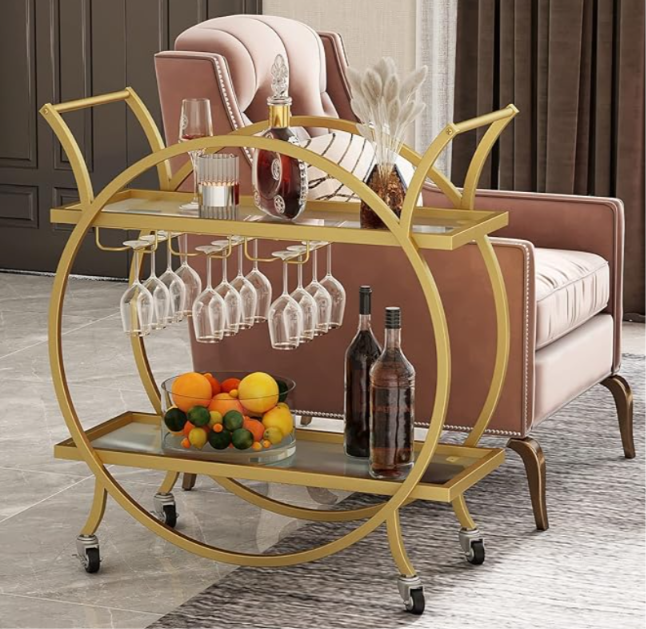 Orbital Gold Bar Trolley – Dual-Tier & Glassware Rack