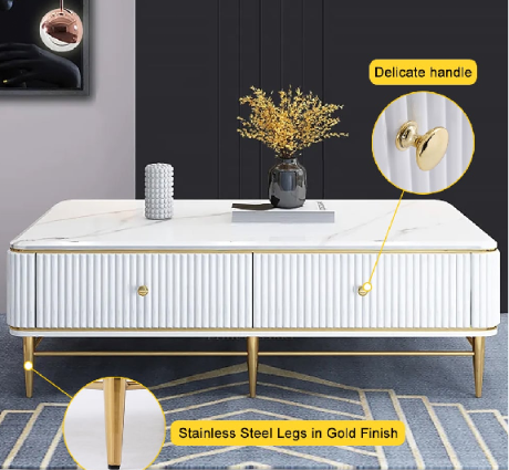 Grand Luxe White & Gold Storage Center Table with Marble Top – Stainless Steel PVD Base