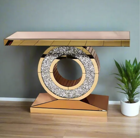 Diamond Ring Console Table with Mirrored Top & Gold Finish – Luxury Designer Entryway Table