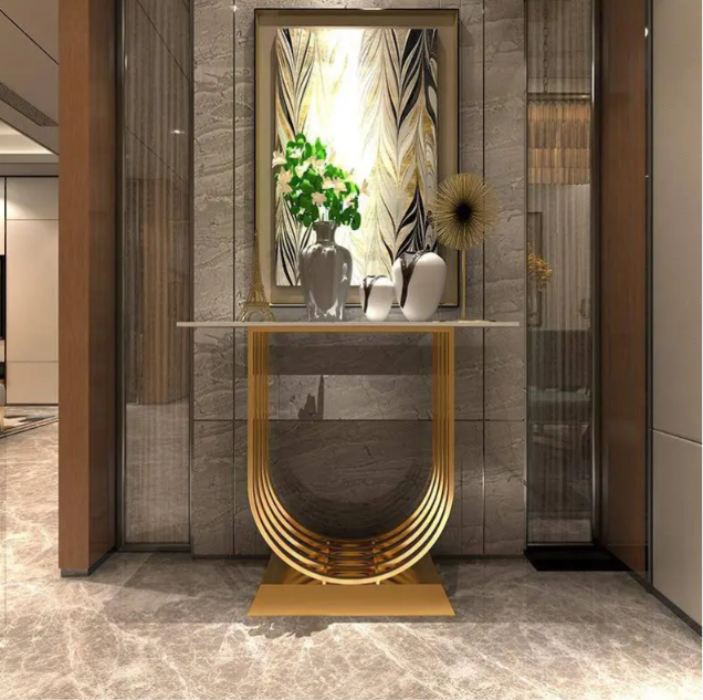Premium Interlocking Gold Base Console Table with Marble Top – Modern Luxury Entryway & Hallway Table