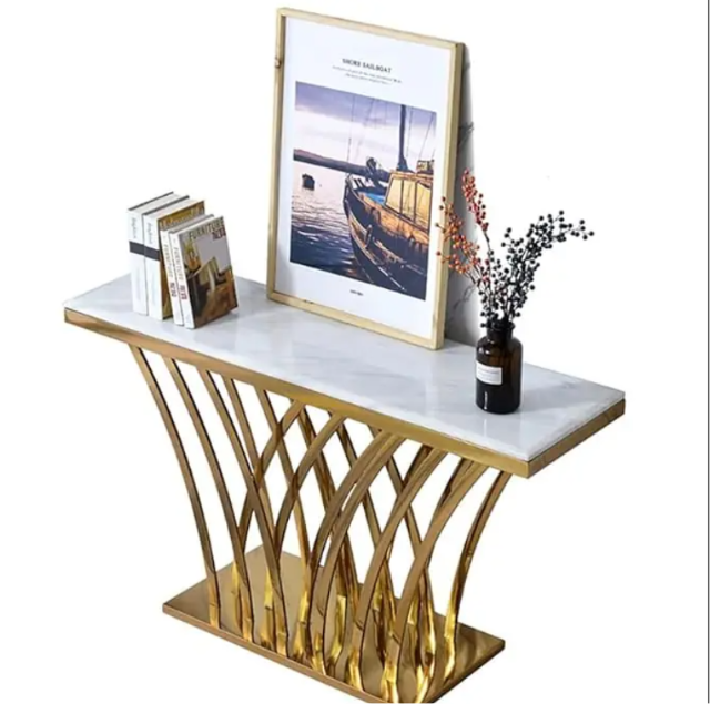 Luxury Golden Marble Console Table with Designer Stainless Steel Base – Modern Entryway Console