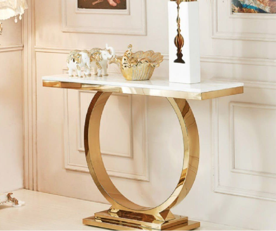 Single Ring Chrome/Gold Console Table with Marble Top – Modern Luxury Entryway & Hallway Table
