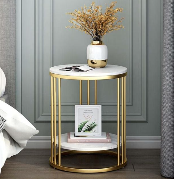 Luxury Meridian Pillar Side Table – Marble & Gold Circular Design