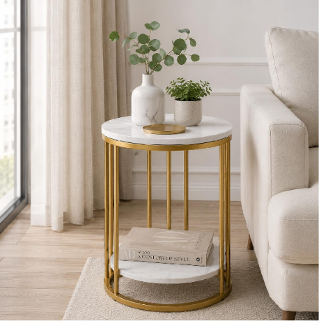 Luxury Meridian Pillar Side Table – Marble & Gold Circular Design
